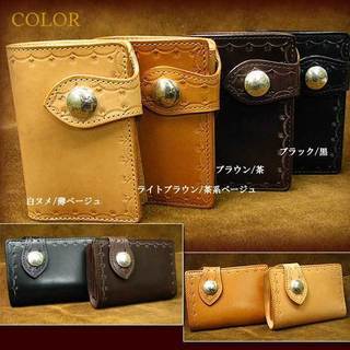 匠の革”栃木レザー”使用。 栃木レザー 牛ヌメ革(インナー一部鹿革使用)　ハンドスタンピング仕様 本物USAインディアンコンチョ ミドルサイズ 二つ折り レザーウォレット/革財布