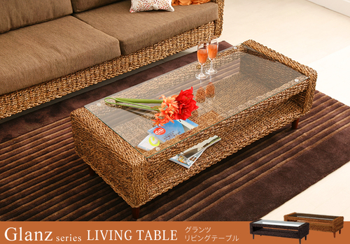 アジア風ラタン材ガラステーブル