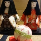 ペア日本人形 鞠、ガラスケースつき