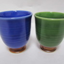 【ぐい呑】2個セット◆緑＆青◆酒器◆在銘◆陶器