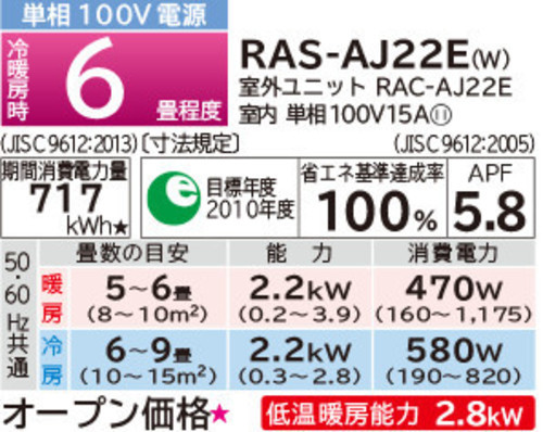 2015年モデル　ルームエアコン新品　本体・工事費・税込￥５００００円（4月だけ）RAS-AJ22E-W(型番）