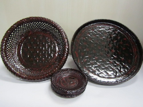 【籃胎漆器】丸盆菓子鉢茶托揃◆天然竹◆山中漆器◆未使用品