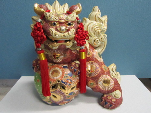 【九谷焼】八幡窯◆玉乗り獅子◆高さ約36cm◆色絵金彩◆縁起物