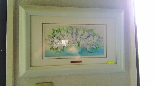 油彩　紫の花　Ｋ．Ｋａｇｉｙａ　　ガラス額付き