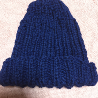 ウール100%手編みニット帽青色中学生以上サイズ