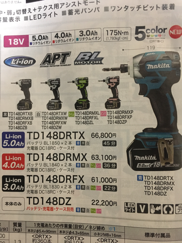 充電式インパクト ドライバ makitaーTD148DRTX 18V5.0Ah新品未使用