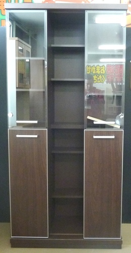 木目 ダークブラウン スライド式本棚 ガラス戸タイプ 中古