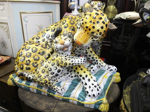 ヒョウの親子の陶器置物▼75×45×50cm▼大きめ▼湯河原・頓珍館▼▼3QT10233/