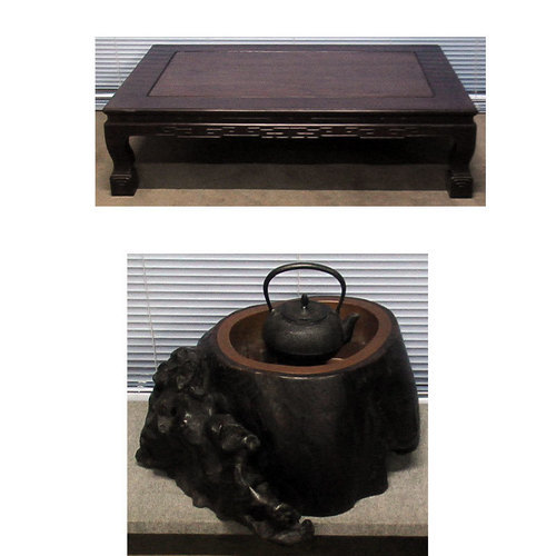 紫檀 座敷机　座卓テーブル と 大木の根元を利用した 火鉢 と  五徳　の 和風セット　※ 写真の鉄瓶 は取引完了しました。
