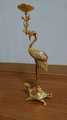 ◆仏具◆真鍮金メッキ　鶴亀燭台　-中古品-　浄土真宗