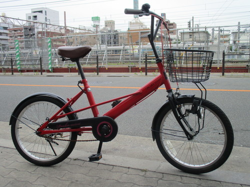 ♪ジモティー特価♪赤い２０型コンパクト中古自転車　前カゴ・ライト・スタンド　新大阪　サイクルキッズ