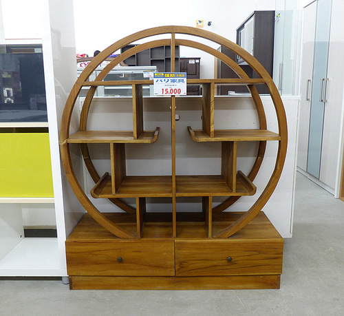 オシャレな円形飾り棚 シェルフ W100×H120×D35cm 木製 バリ家具