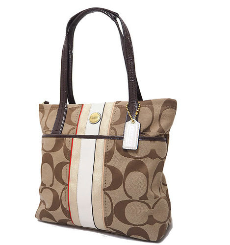 保管品 COACH/コーチ シグネチャー ストライプ トートバッグ F24666 カーキ