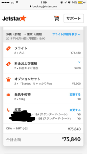 航空券 沖縄→成田 ジェットスター