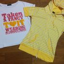 夏物値下げ💴⤵半袖黄色のストライプパーカー　&　デザインTシャツ　Ｍ