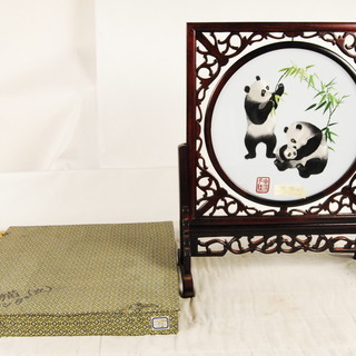 唐木 熊猫 丸 パンダ 中国刺繍 絹 透かし彫り 唐木彫刻