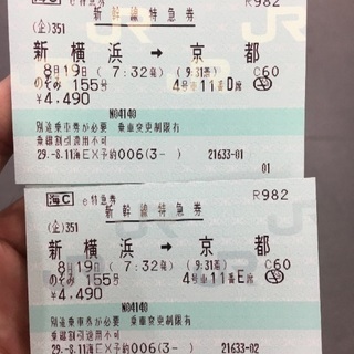 新幹線 新横浜から京都まで 自由席特急券のみ 2枚まで