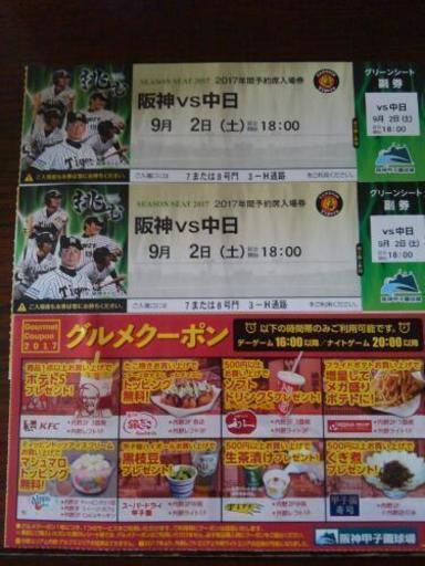 阪神vs中日グリーンシートペアチケット