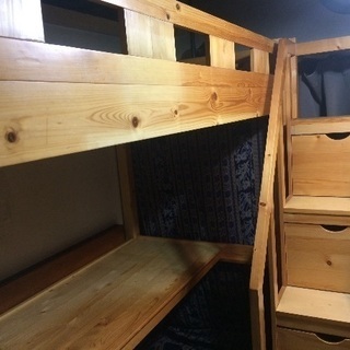 木製ロングデスク付きロフトベッド(階段収納)
