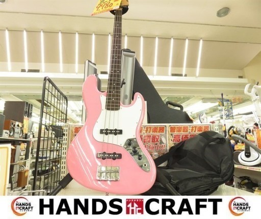 【引取限定】【小倉南区葛原東】プレイテック ベースギター 弦：未使用 他：中古美品 ピンク チューナー+シールド+スタンド
