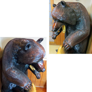 木彫り熊　特大　熊と鮭　置物　木製　１３７ｃｍ高　熊に決闘を挑む鮭かも！？