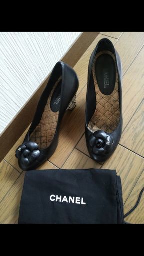 美品　シャネル　CHANEL　カメリア　ロゴ　ウエッジソール　パンプス　39　24.5