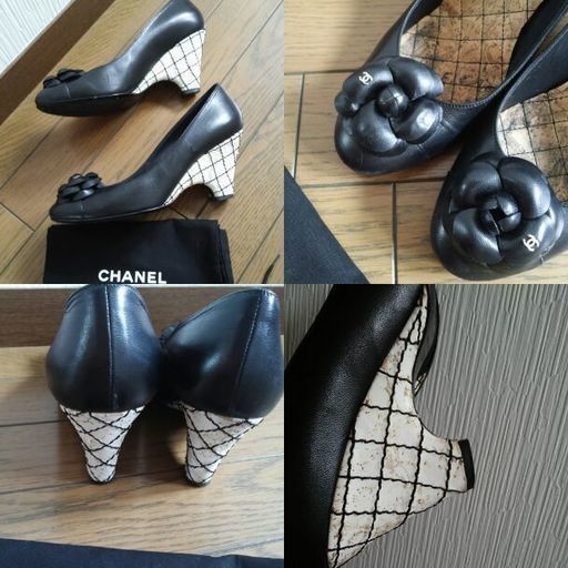 美品 シャネル CHANEL カメリア ロゴ ウエッジソール パンプス 39 24.5