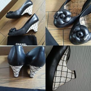美品 シャネル CHANEL カメリア ロゴ ウエッジソール パンプス 39 24.5