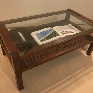 アジアン・バリ風ガラス ローテーブル(小物置き・棚板付き)