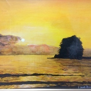 絵画 油絵 夕陽 海辺 烏帽子岩のよう？ 額縁つき 中古