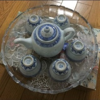 中国 景徳鎮製 茶器セット ５客 染付け 蛍焼き  未使用品