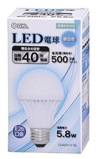 LED電球 E26口金　10個セット  白熱電球40型相当(消費電力5．8W一般電球タイプ) 昼白色 LDA6N-H 56