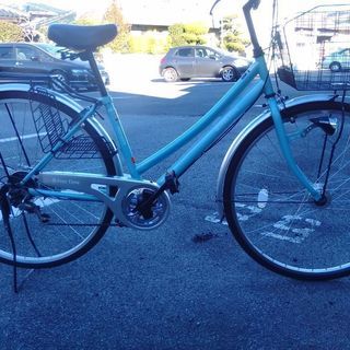 丸石サイクル - 丸石　27インチ自転車　青色　中古　後ろかご付き　直接受渡 丸石サイクル フリータイムシティー 27インチ 外装6段変速