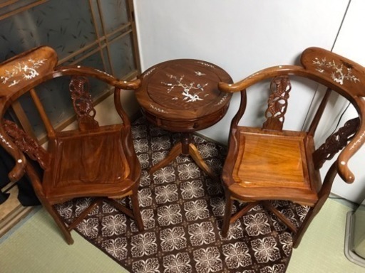 唐木家具 中華風 テーブル椅子セット 螺鈿細工透彫