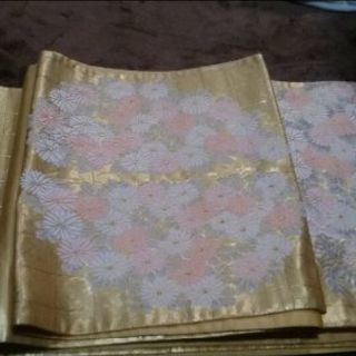 【中古】 お太鼓柄袋帯  金箔 菊 藤 梅 紅葉   白ピンク銀糸刺繍