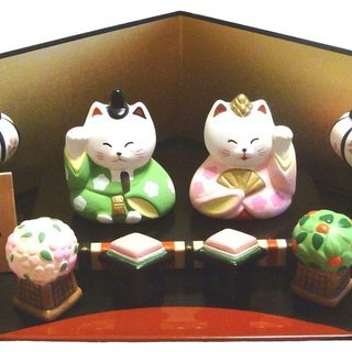 未使用新品 ねこのひな祭りセット かわいい猫の雛人形 陶器製 手描き