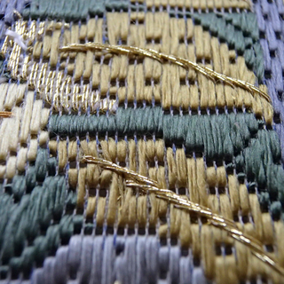 ♪袋帯 全通柄 花文様 グリーン/パープル/ゴールド 430cm♪