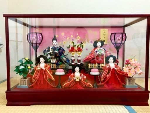 【美品】ガラスケース入り雛人形 五人飾り  ライト、オルゴール付き