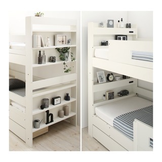新品 ３スタイル 収納付き ライト付き 棚付き  コンセント付き ホワイト 二段ベッド 033596