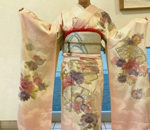 振袖 ☆正絹 ピンク 地紋雲 牡丹 鶴 刺繍