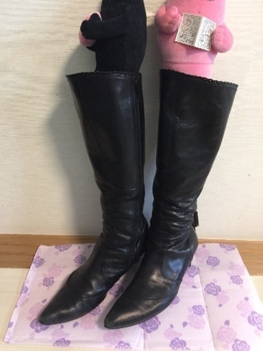 10月末まで 中古品 Eizo 黒 ロングブーツ バックリボン 本革 て