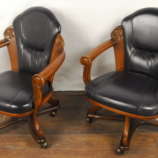 ナラ無垢材 革貼り 高級回転ダイニングチェア 2脚セット ペア ナガノ