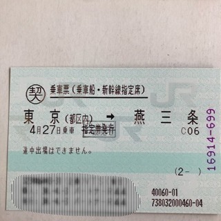 新幹線自由席 東京→燕三条 4／27のみ利用可
