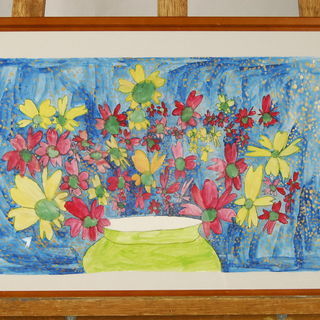 日本画 静物画 額装 カラフルな花々 花瓶