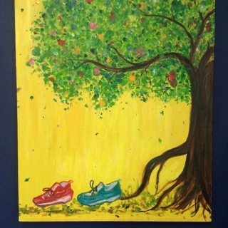 油絵　原本　『靴を迷う間に咲いた木』