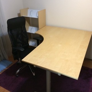 作業テーブル、ファイル棚、オフィスチェア３点