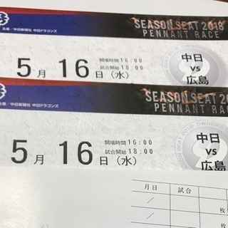 破格値!!5月16日 ナゴヤドーム 中日 広島戦 オパール 通路側ペア