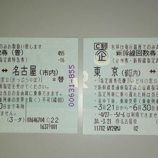 新幹線回数券指定席名古屋←→東京2枚金券ショップ最安値より安値で 