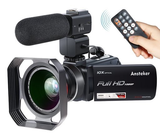 【新古品】FHDビデオカメラ 2400万画素 超広角レンズ 外付けマイク付