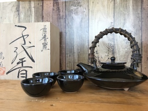 未使用 薩摩焼 子代香 桃伯窯 急須\u0026お猪口5点 酒器